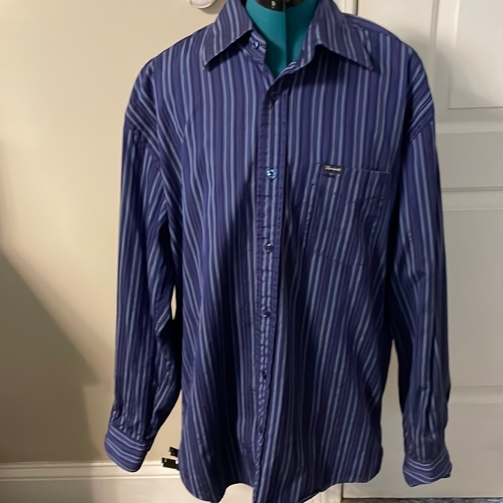 Faconnable mens blue striped button down shirt large